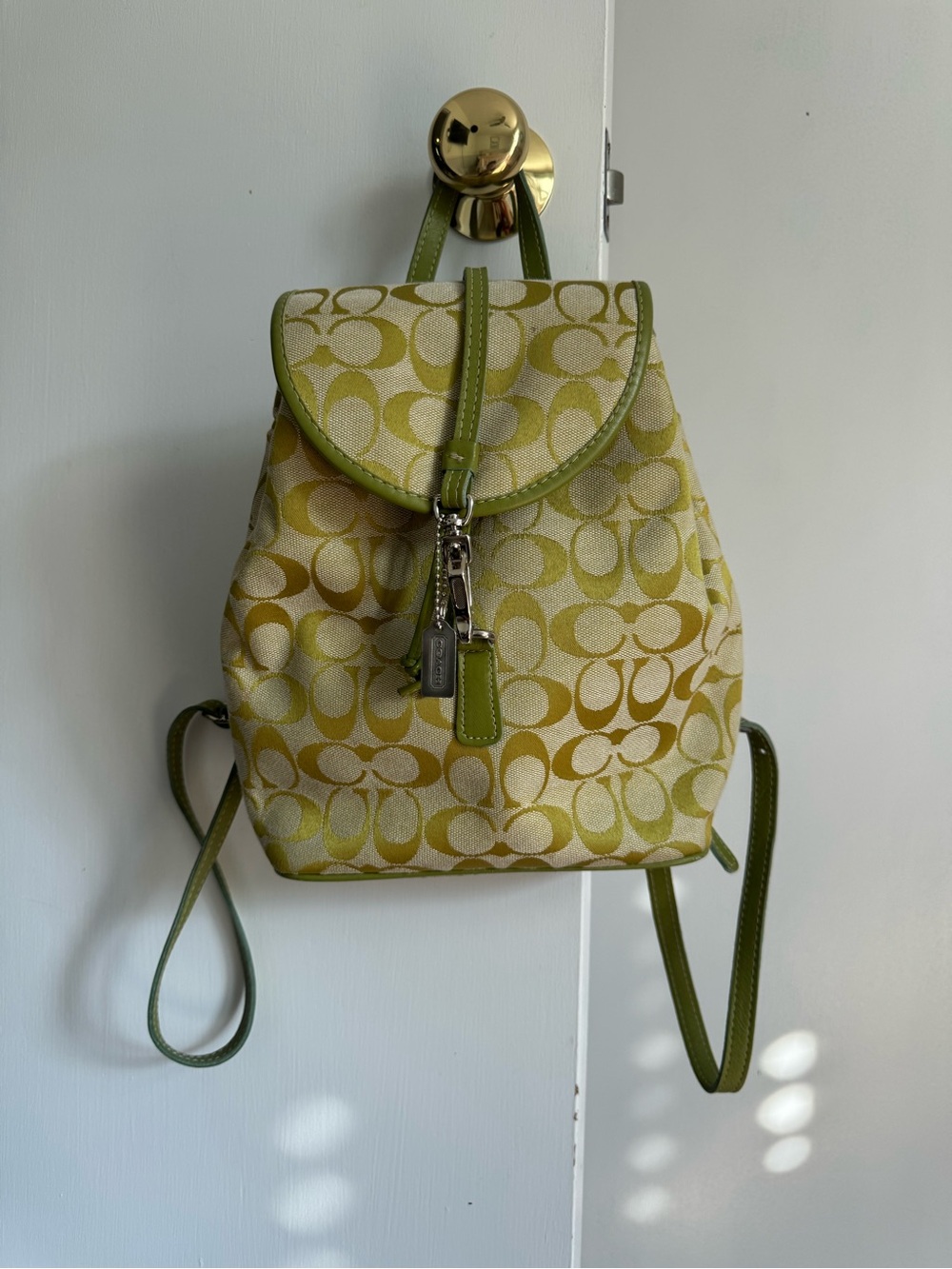 Coach Lime Green Signature Jacquard Backpack with Leather Trim